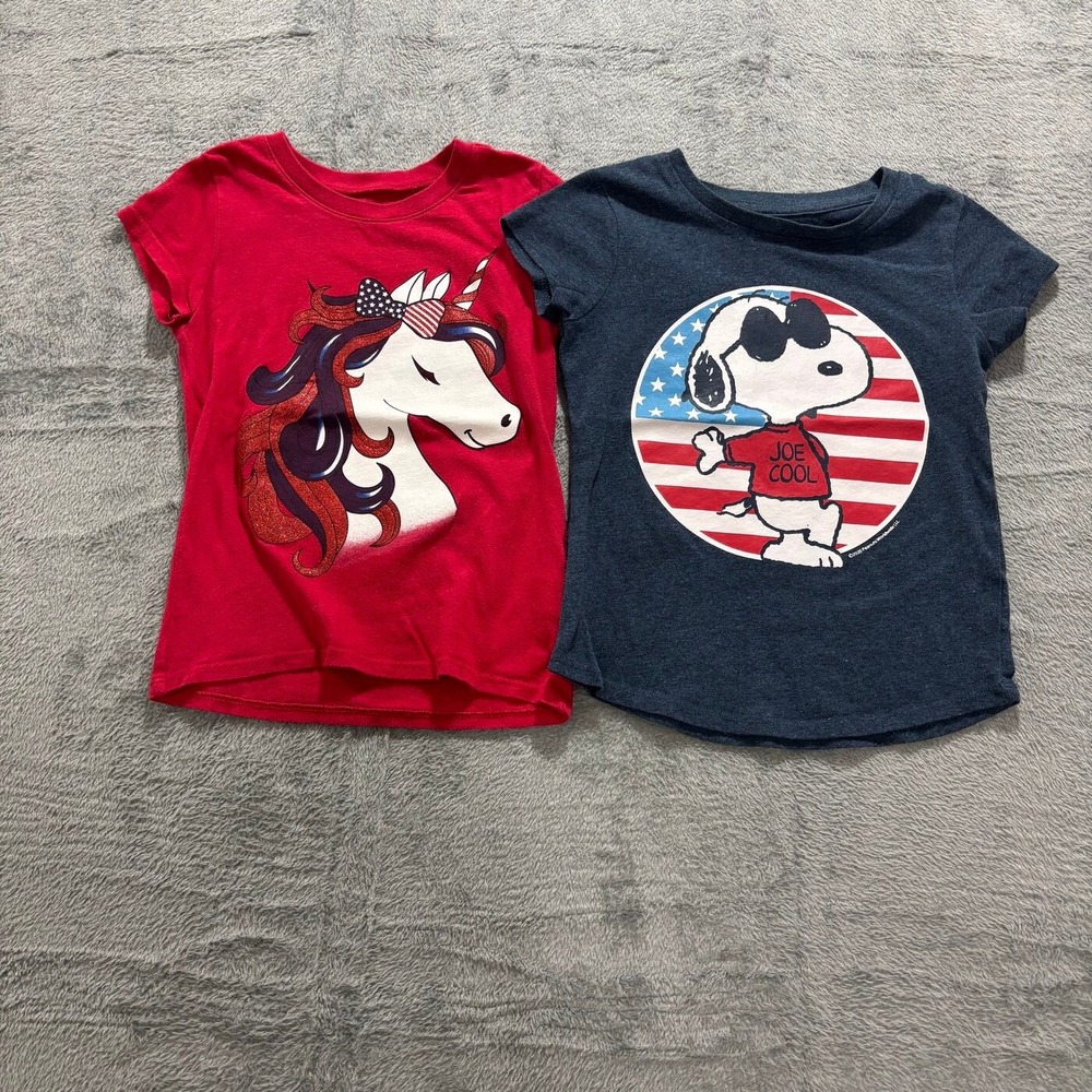 The Childrens Place Family Fun Girls 4 5 Red Navy Graphic T-Shirt Lot 2pc Casual